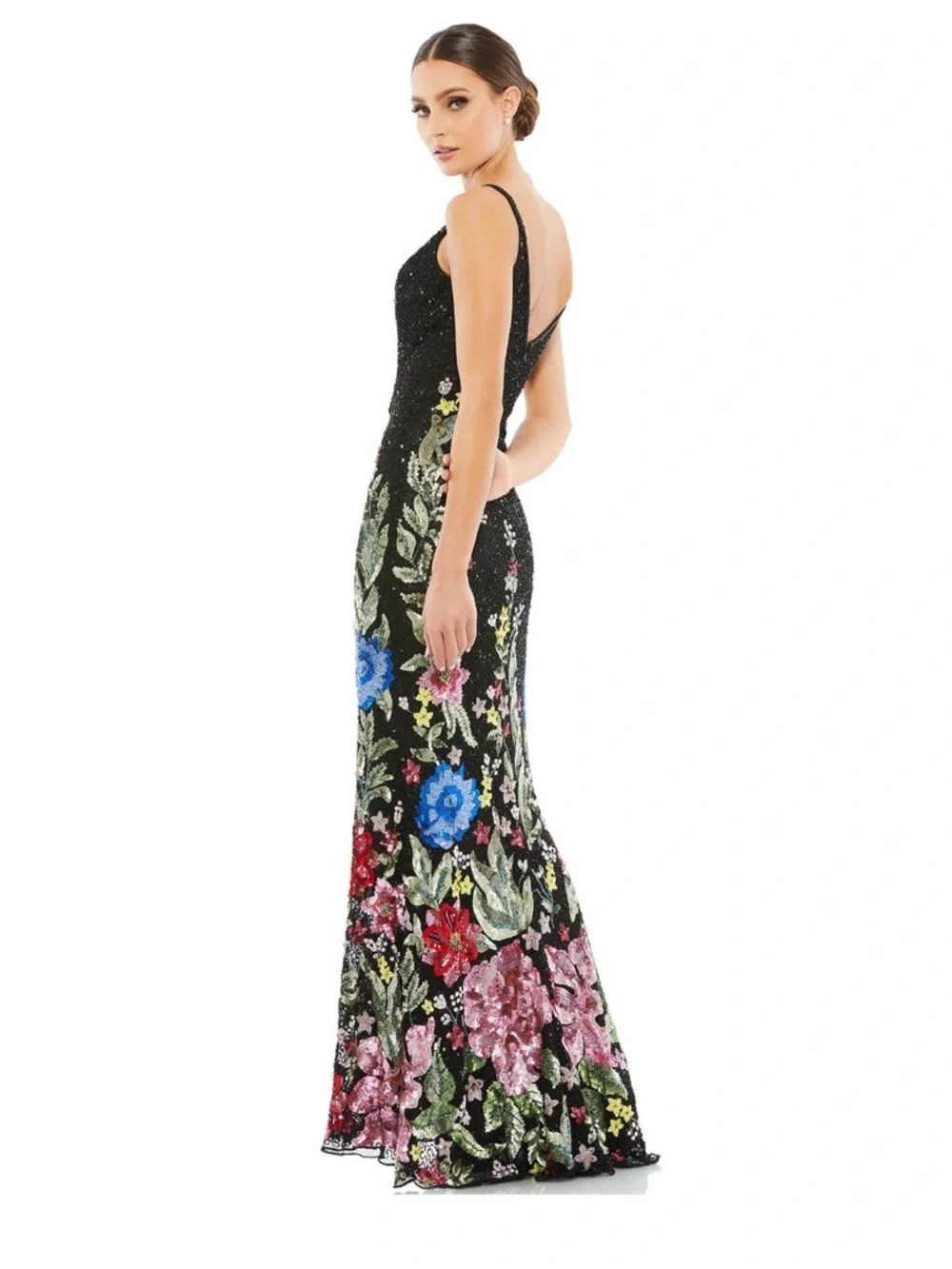 Mac Duggal 5475 Black Floral Embellished Spaghetti Strap Gown Size 14 NWT